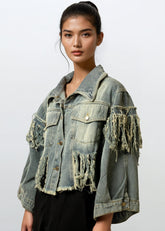 Cropped Fringe Distress Denim Jacket Outerwear Kate Hewko 