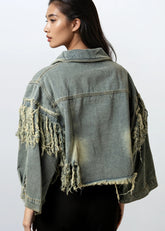 Cropped Fringe Distress Denim Jacket Outerwear Kate Hewko 