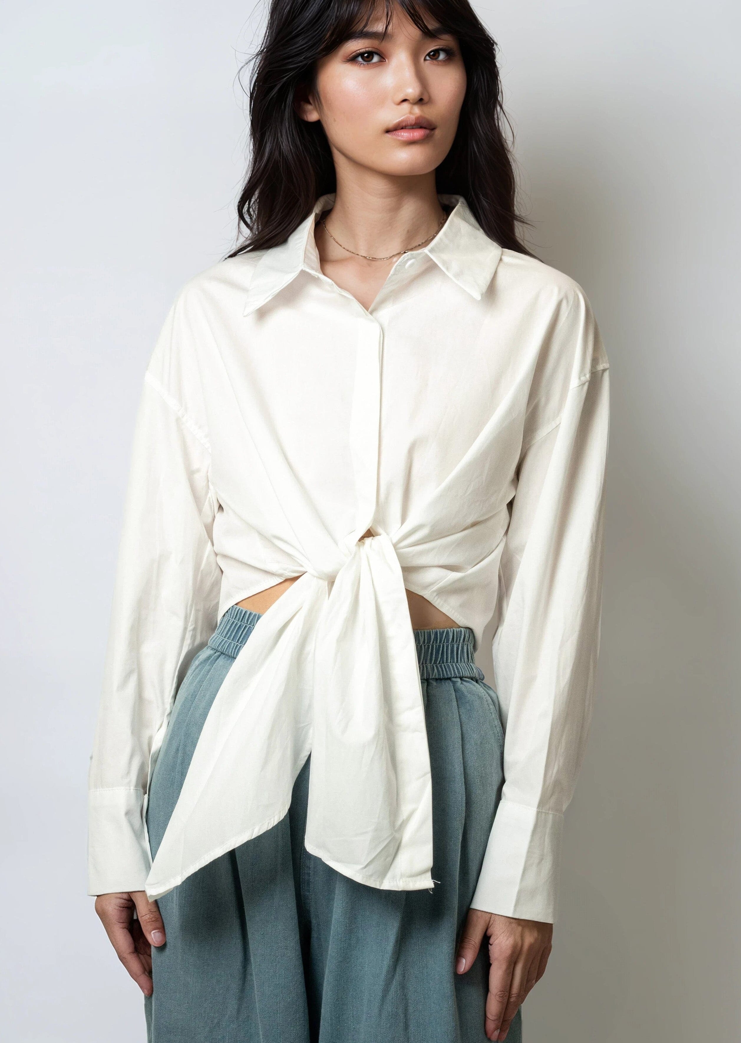 Cropped Front Tie Dress Shirt