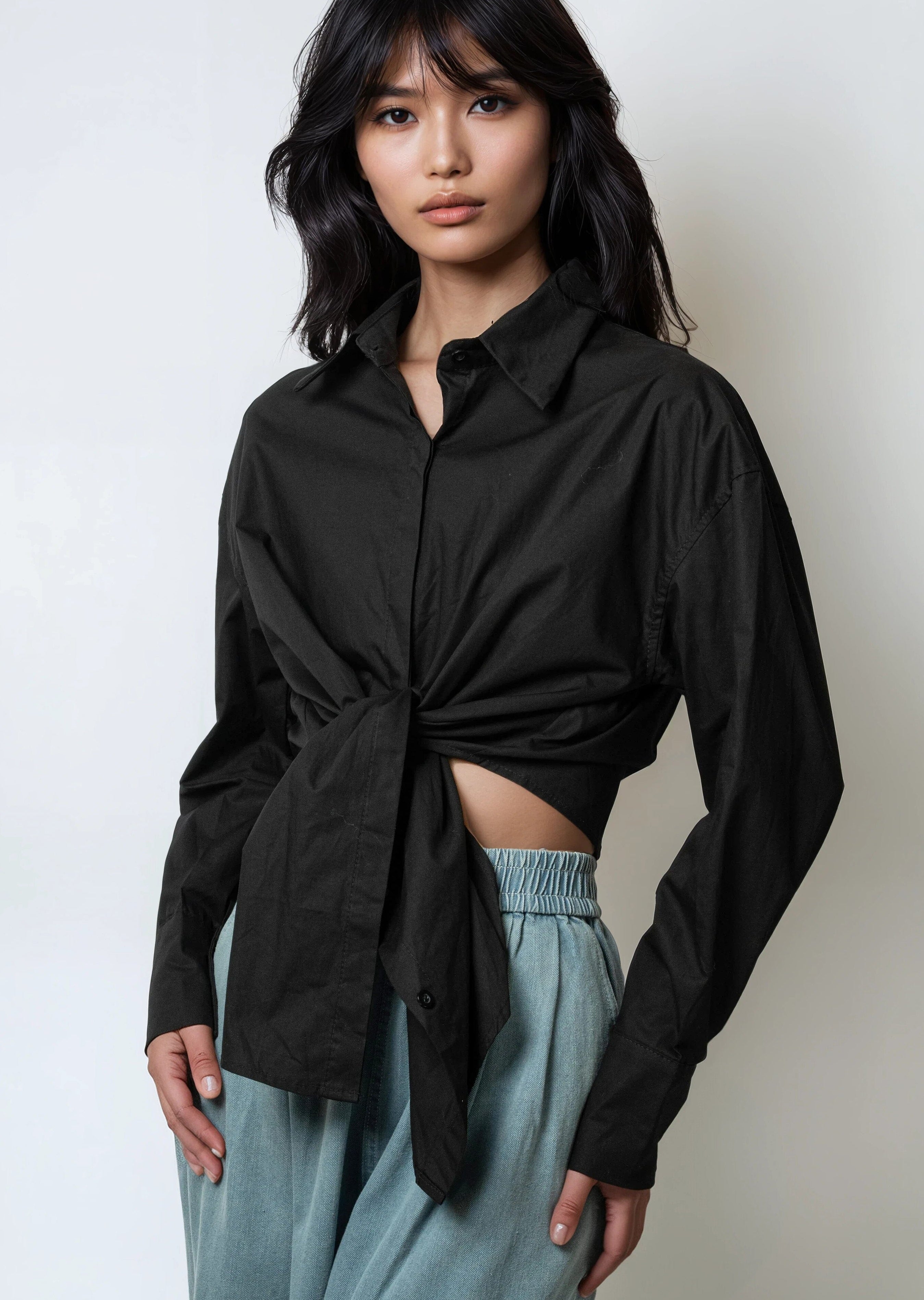 Cropped Front Tie Dress Shirt