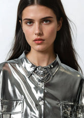 Cropped Metallic Button Up Tee Tees Kate Hewko 
