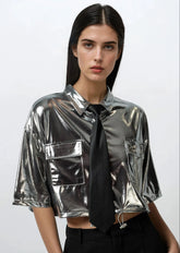 Cropped Metallic Button Up Tee Tees Kate Hewko 