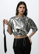 Cropped Metallic Button Up Tee Tees Kate Hewko 