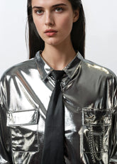 Cropped Metallic Button Up Tee Tees Kate Hewko 