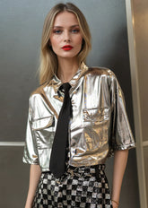 Cropped Metallic Button Up Tee Tees Kate Hewko 