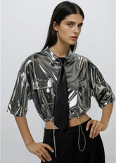 Cropped Metallic Button Up Tee Tees Kate Hewko 