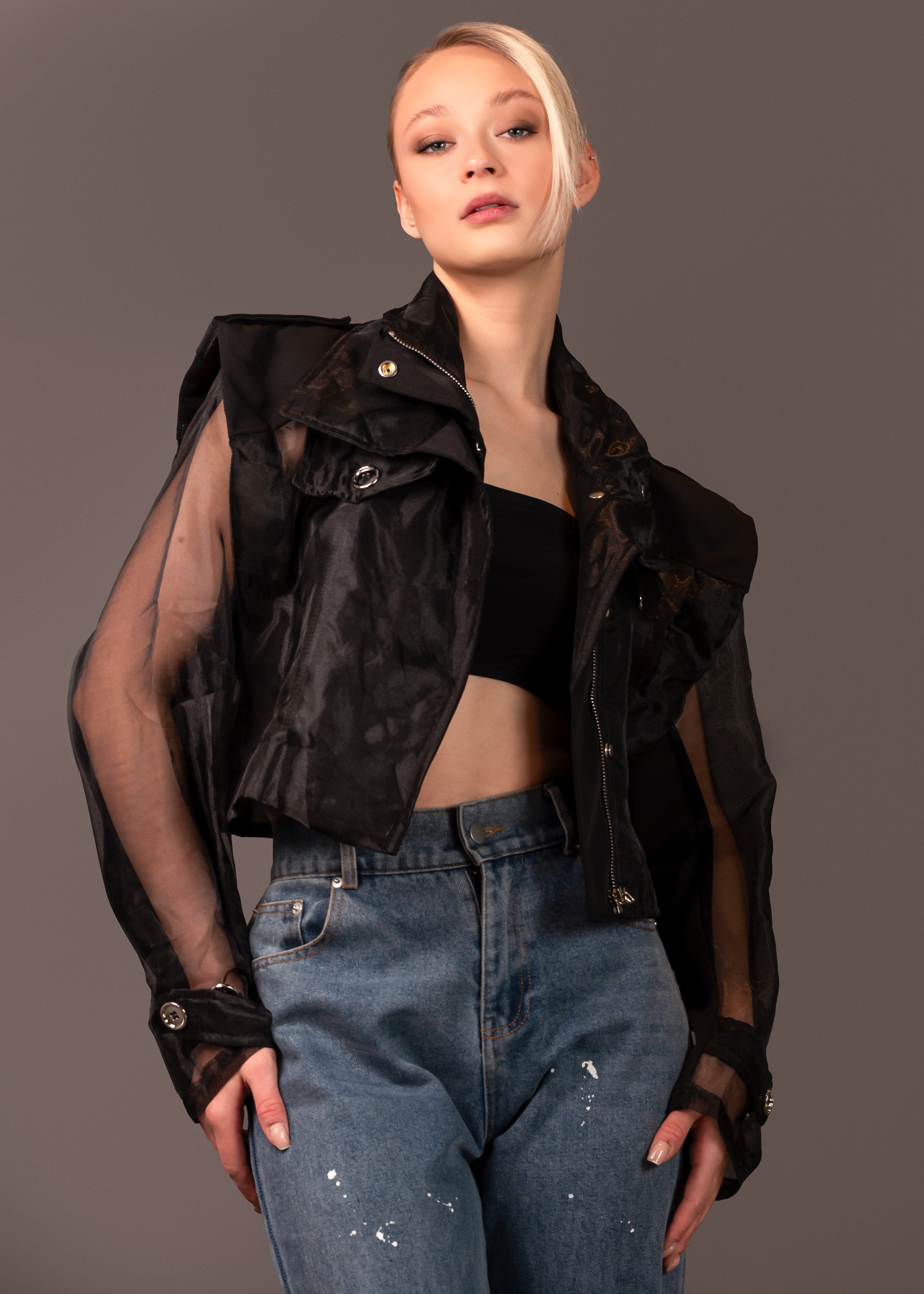 Cropped Sheer Moto Jacket Outerwear Kate Hewko Black One Size 