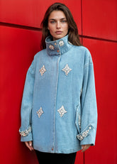 Crystal Embellished Utility Jacket Outerwear Kate Hewko Light Denim One size 