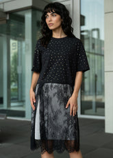 Crystal Stud Lace Hem Tee Tees Kate Hewko Black One size 