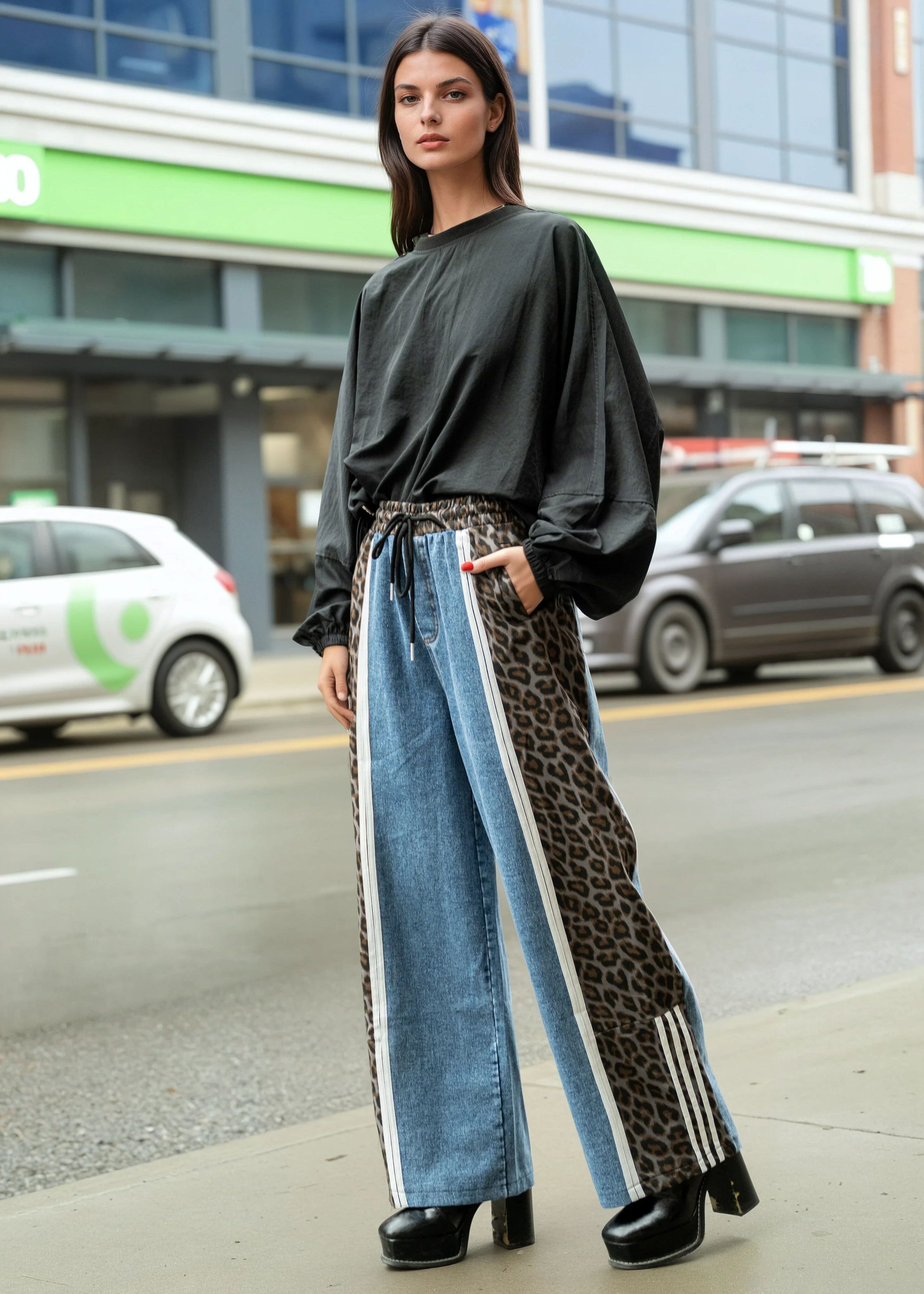 Denim + Leopard Print Athleisure Pant Pants Kate Hewko Gray One size 