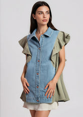 Denim Poplin Ruffle Vest Vests Kate Hewko Olive One size 