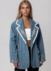 Embellished Lace Trim Denim Blazer Blazers Kate Hewko 