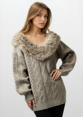 Faux Fur Collared Cable Knit Sweater Sweaters Kate Hewko 