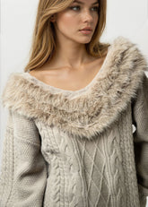 Faux Fur Collared Cable Knit Sweater Sweaters Kate Hewko 