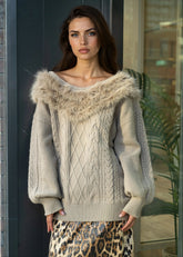 Faux Fur Collared Cable Knit Sweater Sweaters Kate Hewko 