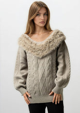 Faux Fur Collared Cable Knit Sweater Sweaters Kate Hewko 