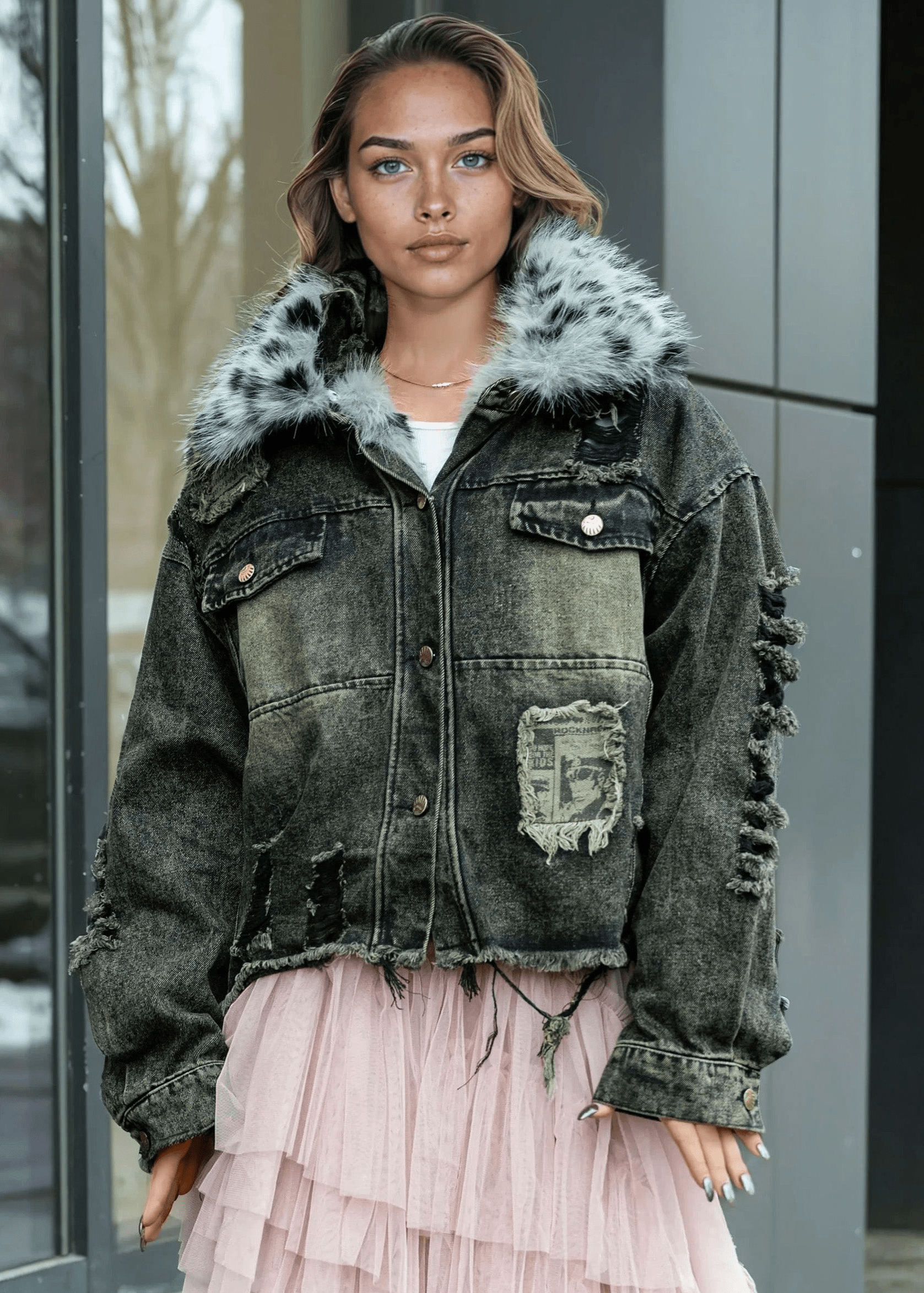 Faux Fur Distressed Grunge Denim Jacket - Kate Hewko Faux Fur Distressed Grunge Denim Jacket - Kate Hewko