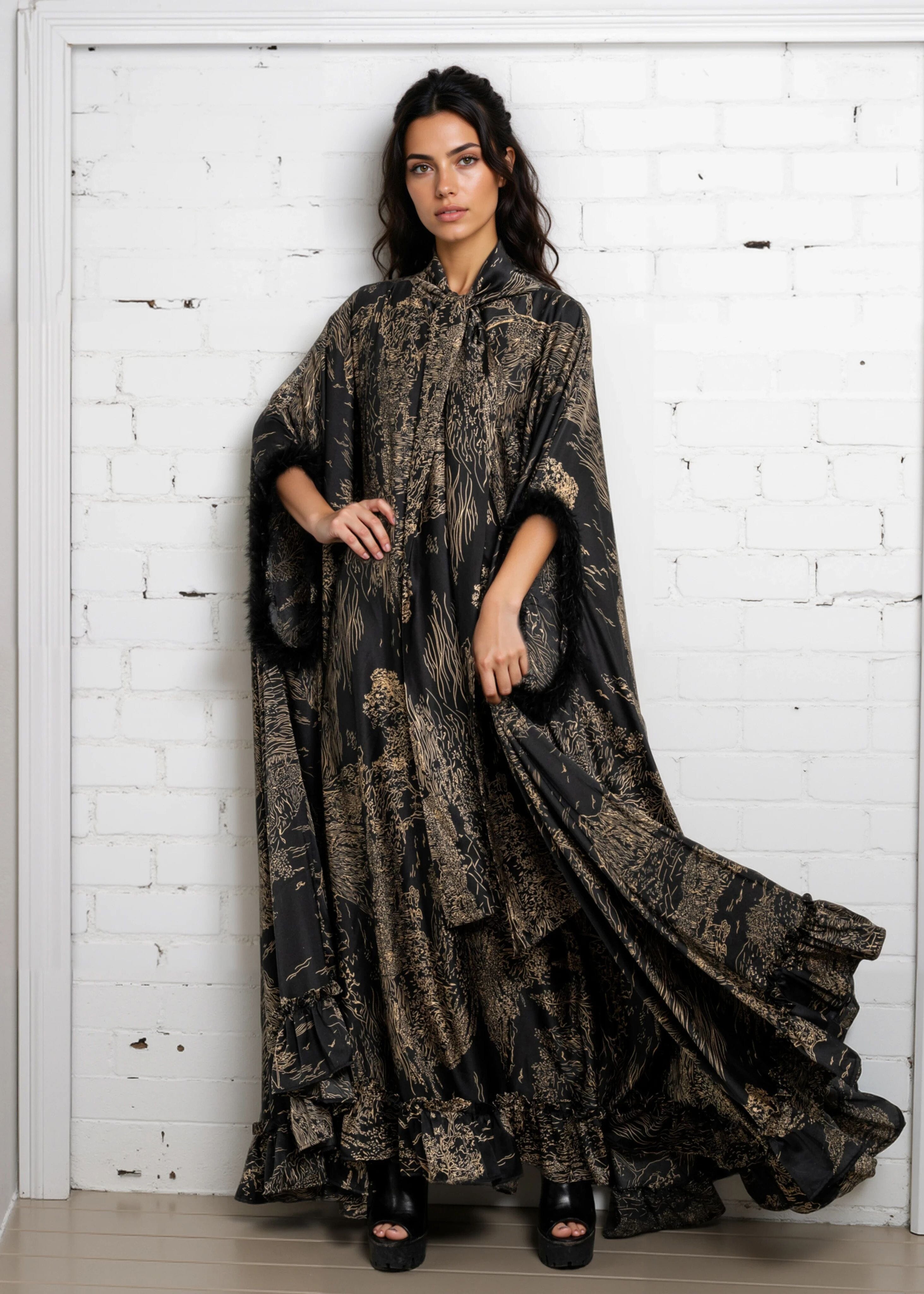 Feather Cuff Cape Maxi Dress - Kate Hewko Feather Cuff Cape Maxi Dress - Kate Hewko