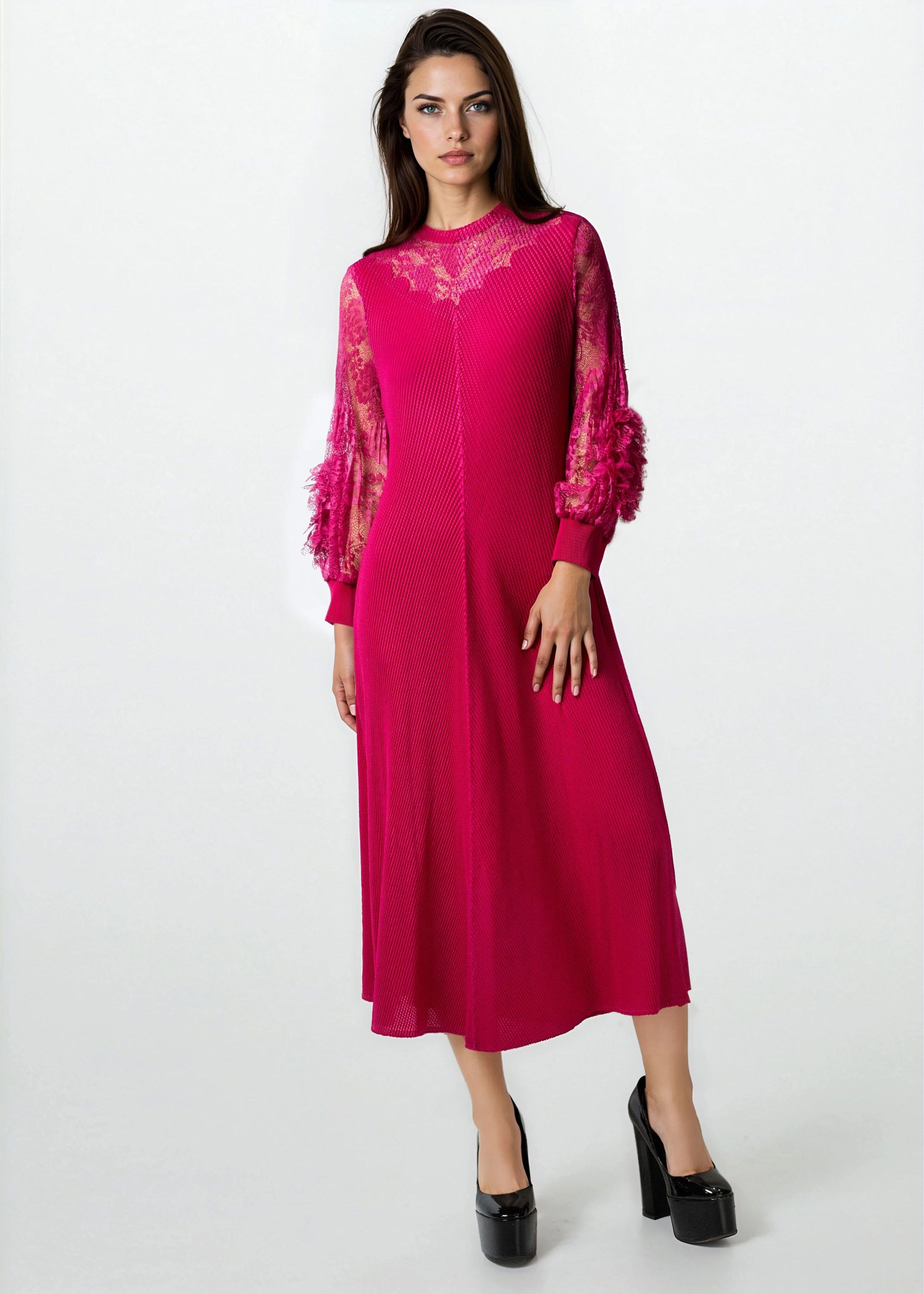 Floral Lace Pleated Maxi Dress - Kate Hewko Hot Pink / One size Floral Lace Pleated Maxi Dress - Kate Hewko Hot Pink / One size