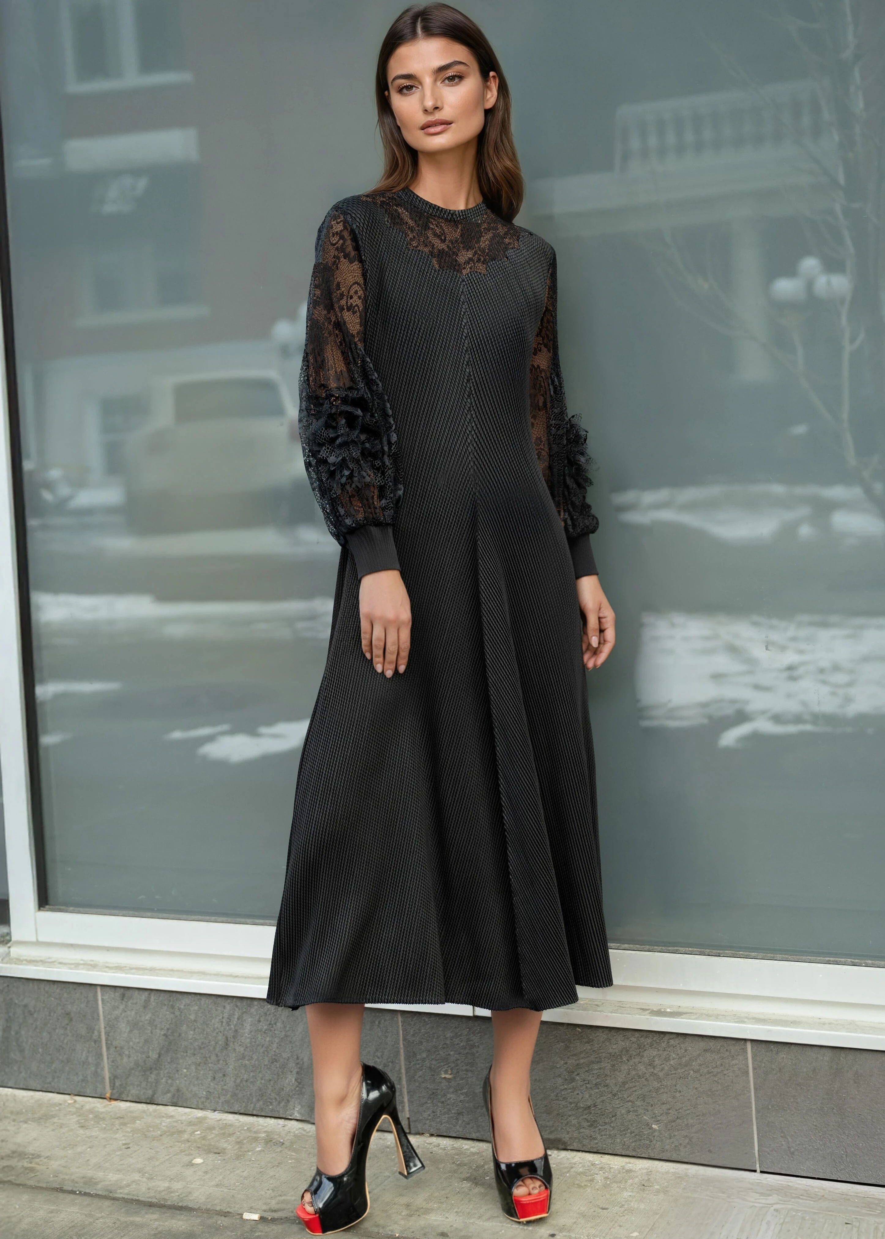 Floral Lace Pleated Maxi Dress Floral Lace Pleated Maxi Dress