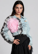 Floral Ruffle Cropped Denim Jacket Outerwear Kate Hewko 