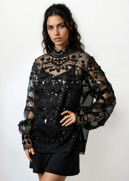 Floral Sequin Sheer Mock Neck Blouse - Kate Hewko