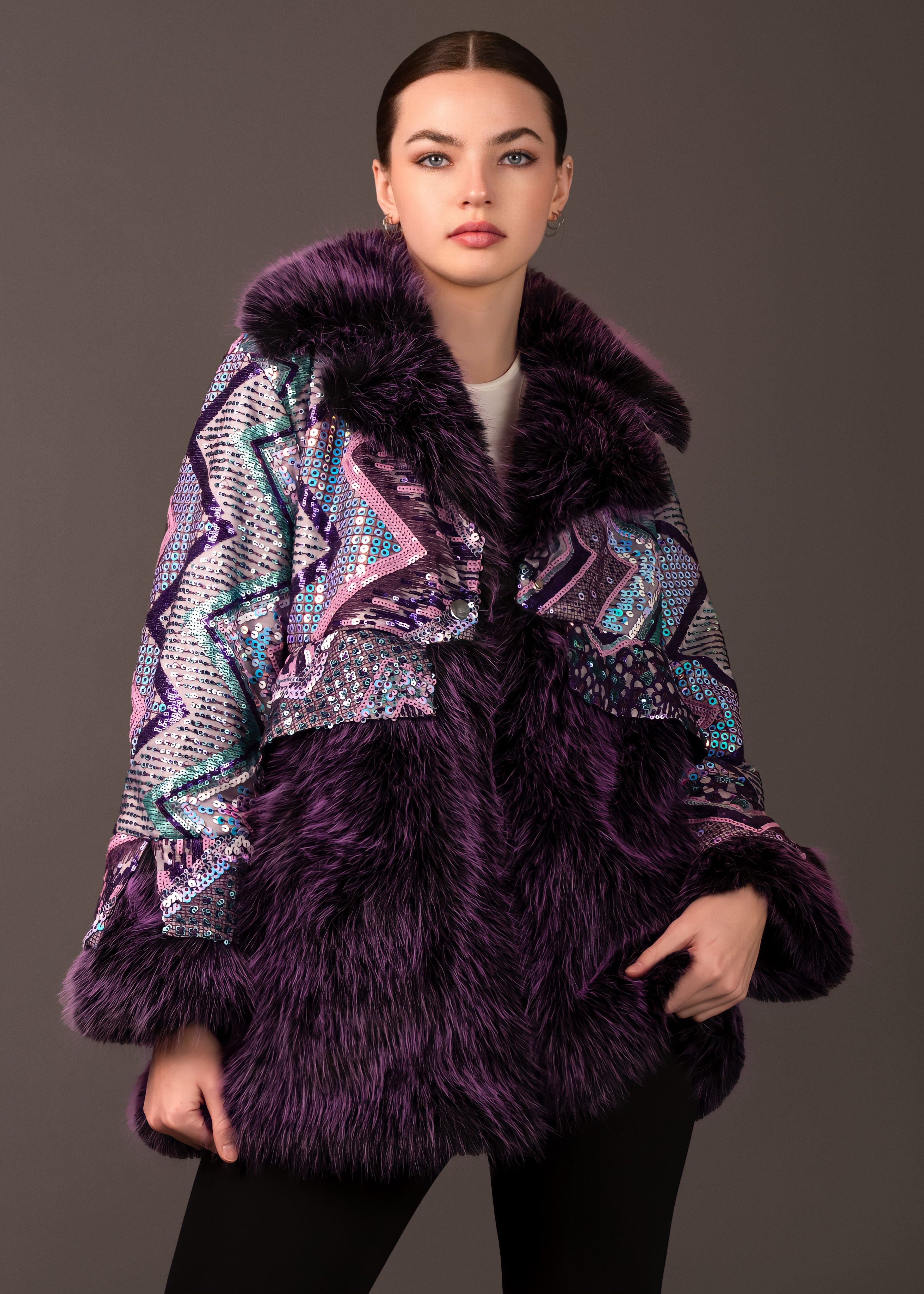 Geometric Sequin Faux Fur Jacket Outerwear Kate Hewko 