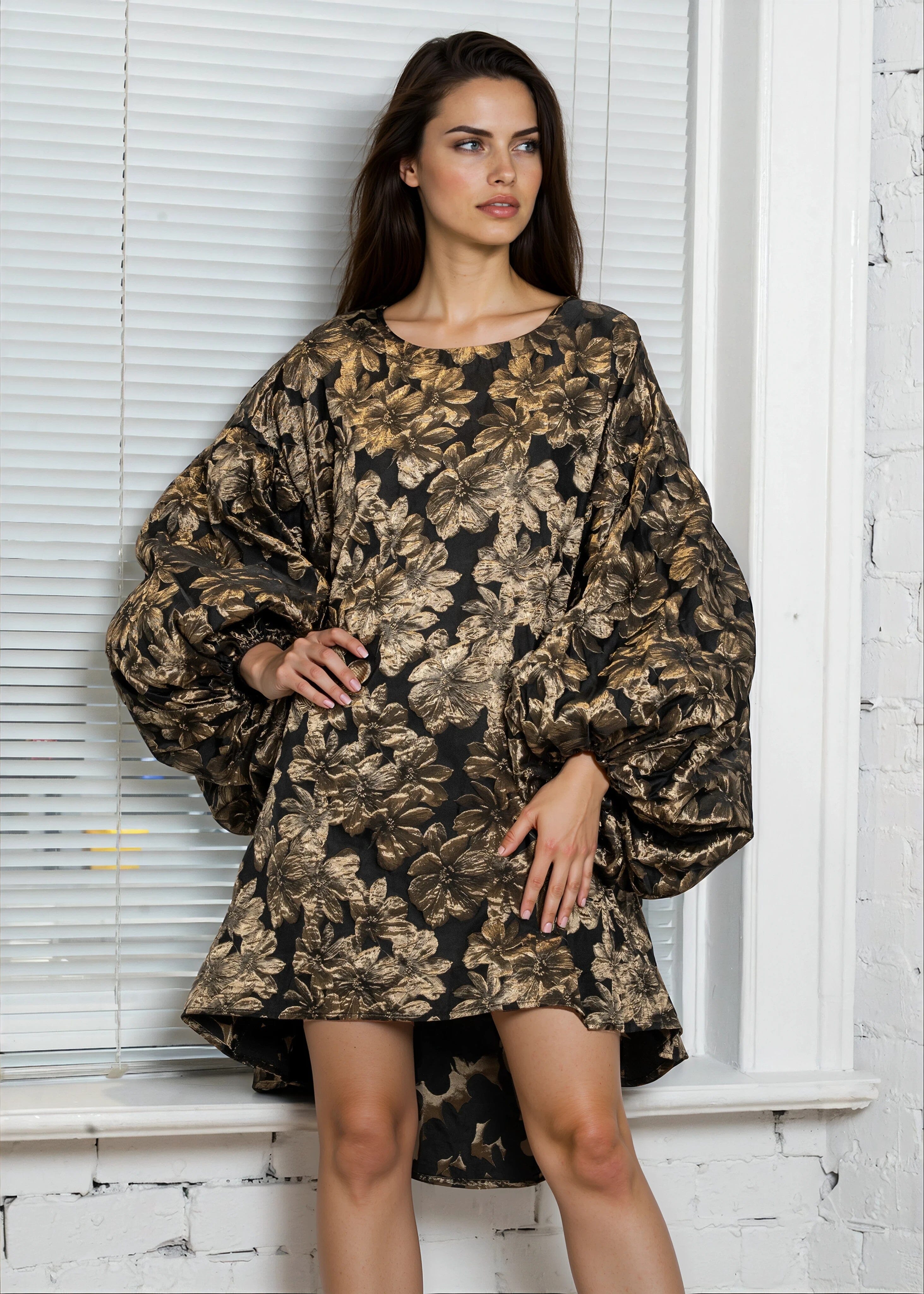 balloon sleeve dress Gold Floral Balloon Sleeve Dress