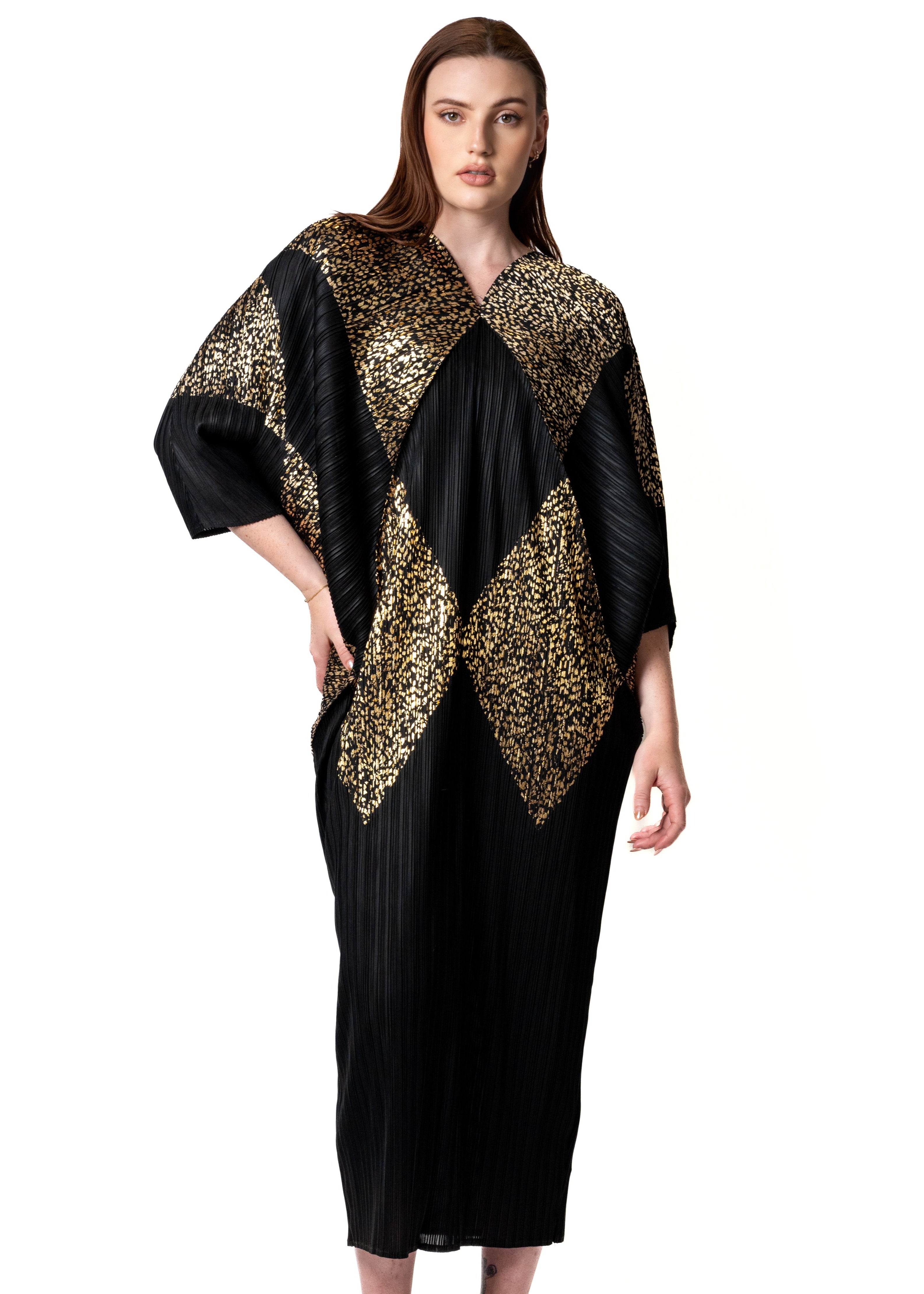 black and gold geometric dress SHEIN Lady CURVE Plus Size Women Geometric Print Round Neck Short Sleeve Elegant Dress Formal Black And Gold Autumn Fall
