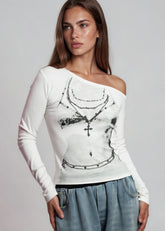 Grunge Print Off Shoulder Top Long Sleeve Tees Kate Hewko 