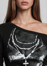 Grunge Print Off Shoulder Top Long Sleeve Tees Kate Hewko 