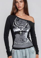 Grunge Print Off Shoulder Top Long Sleeve Tees Kate Hewko 