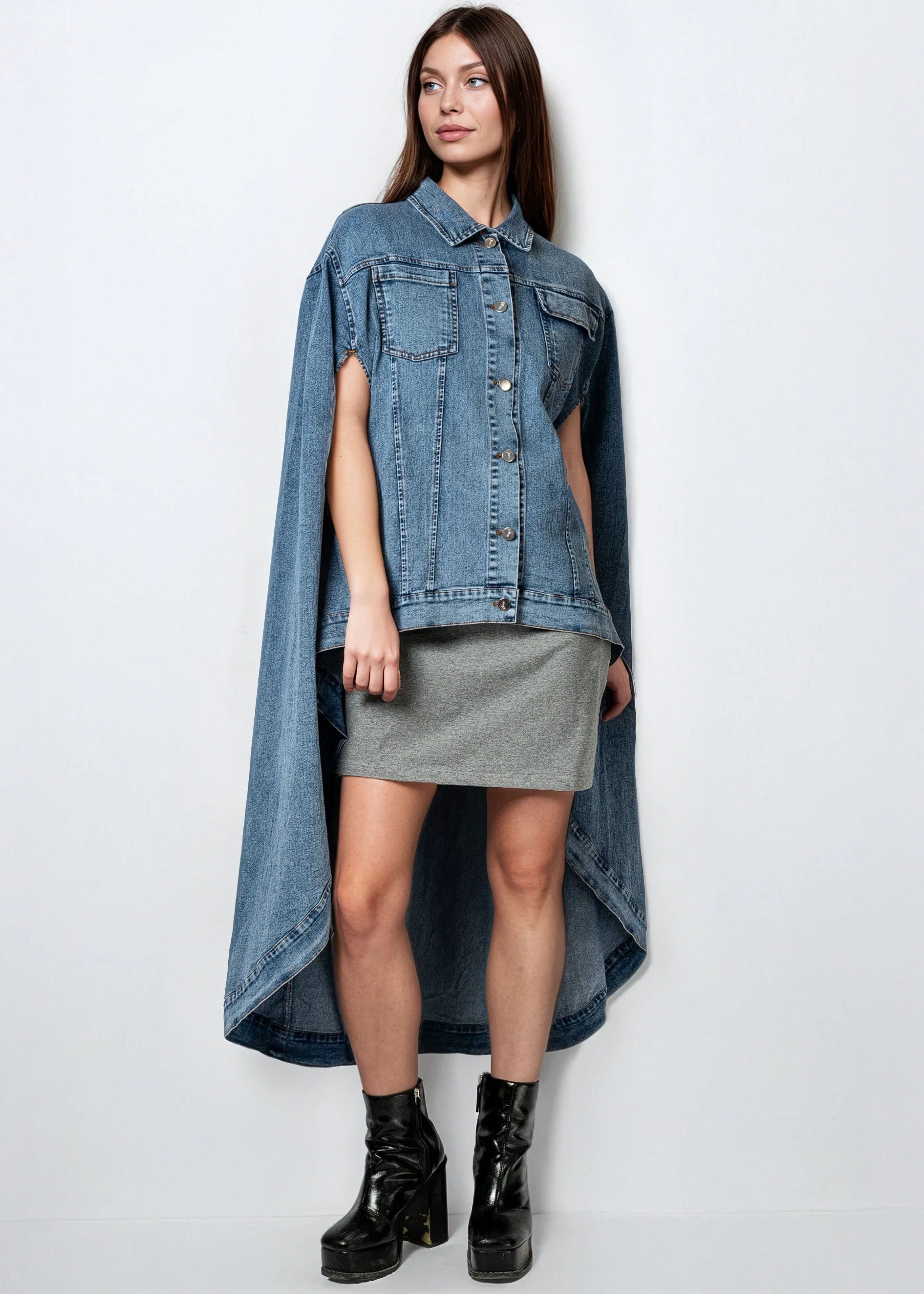 denim cape dress Plus Size Daily Cape Sleeve Denim Jacket Blue Mini Dress