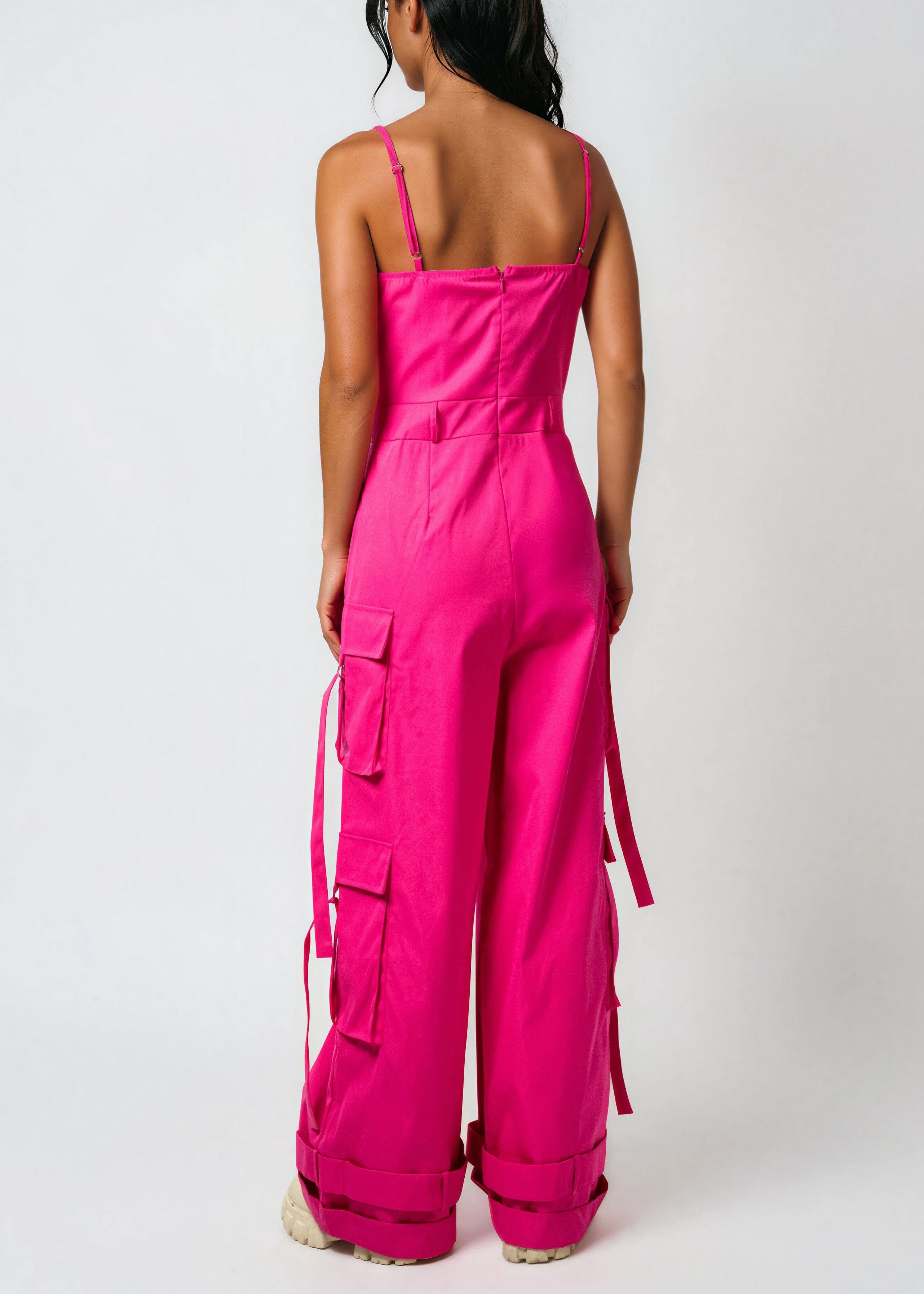 pink jumpsuit dress Jovani 08554 Hot Pink Fitted Embellished Contemporary Jumpsuit