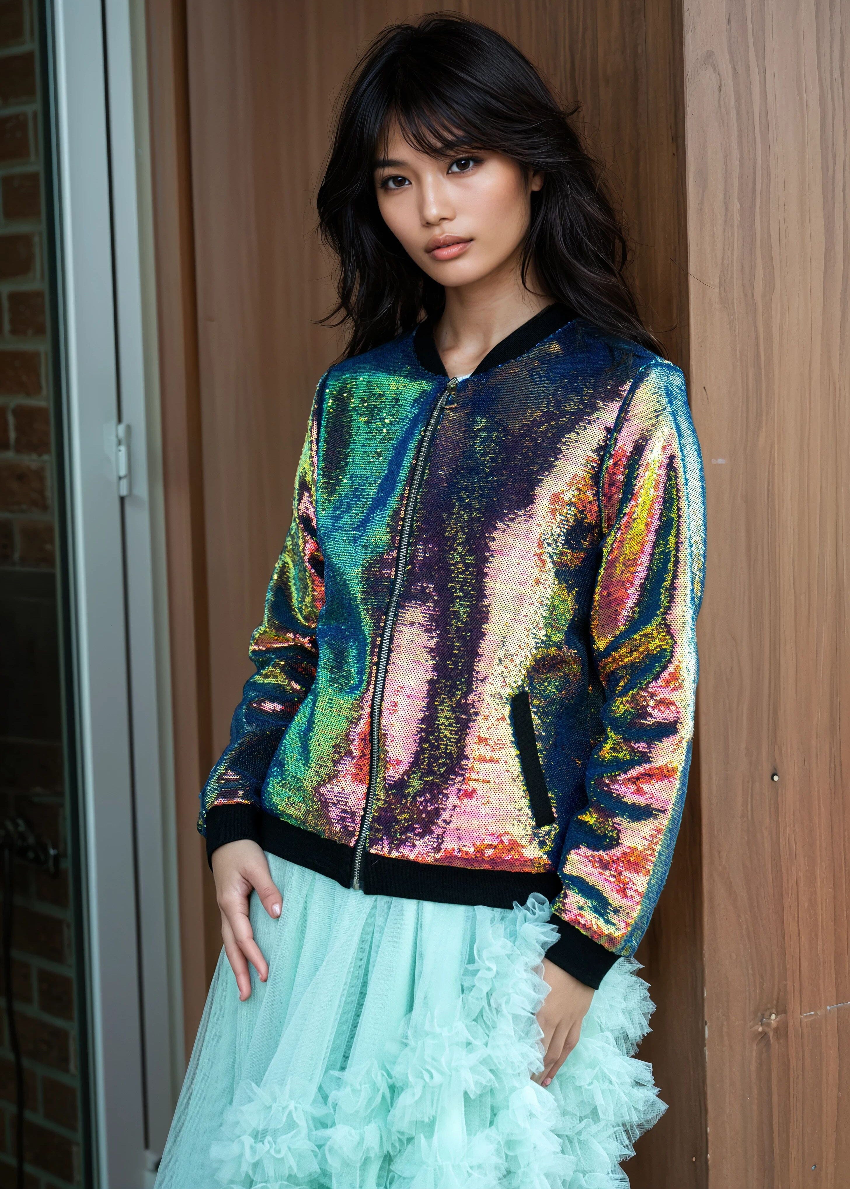 Iridescent Sequin Bomber Outerwear Kate Hewko Multicolor XS 