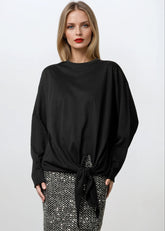 Knot Front Long Sleeve Top Long Sleeve Tees Kate Hewko Black One size 