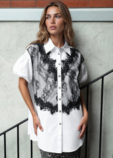 Lace Overlay Puff Sleeve Shirt Blouses Kate Hewko 