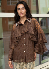 Layered Lace Embellished Button Up Blouses Kate Hewko Brown One size 