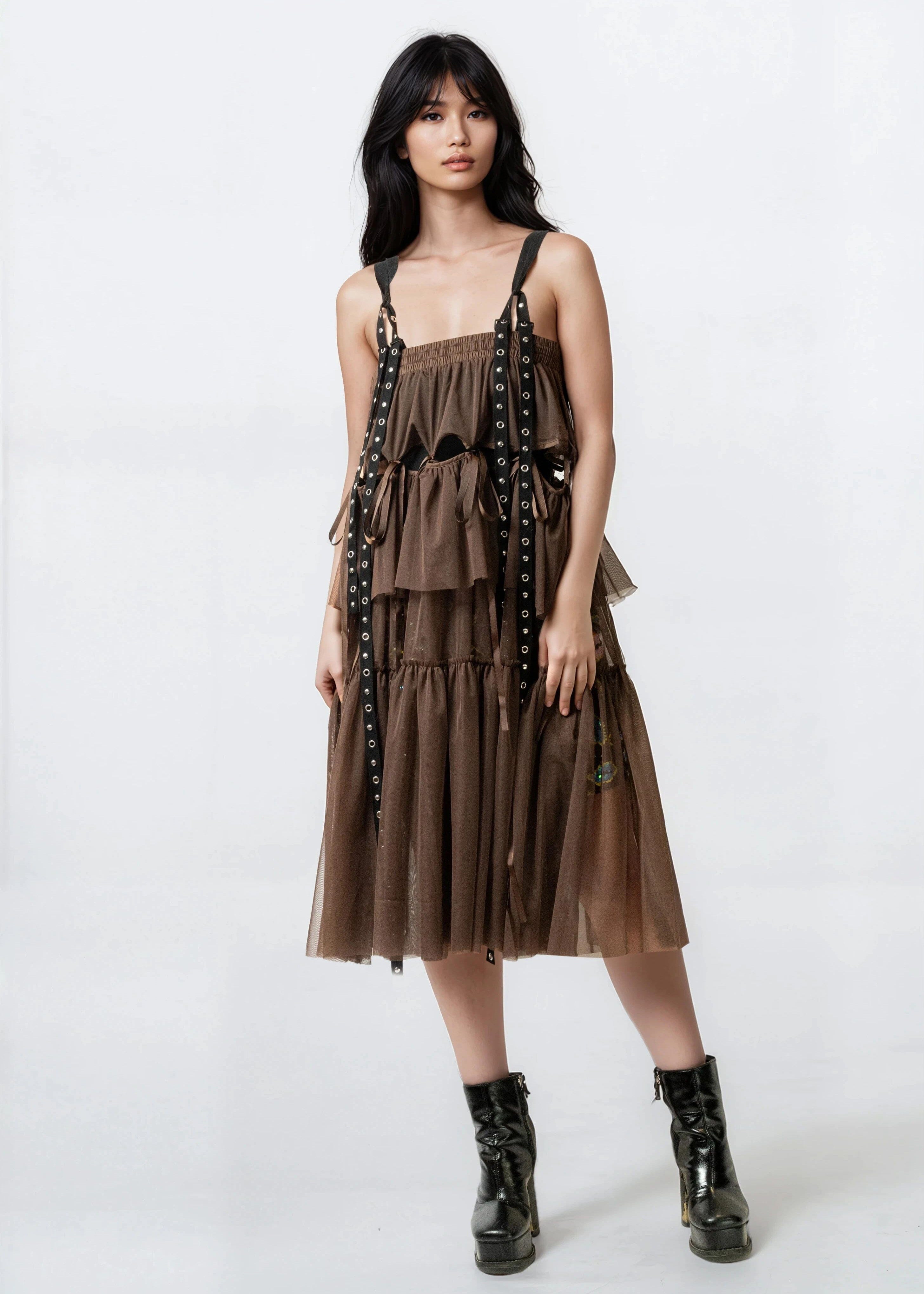 Layered Tulle Rivet Overalls