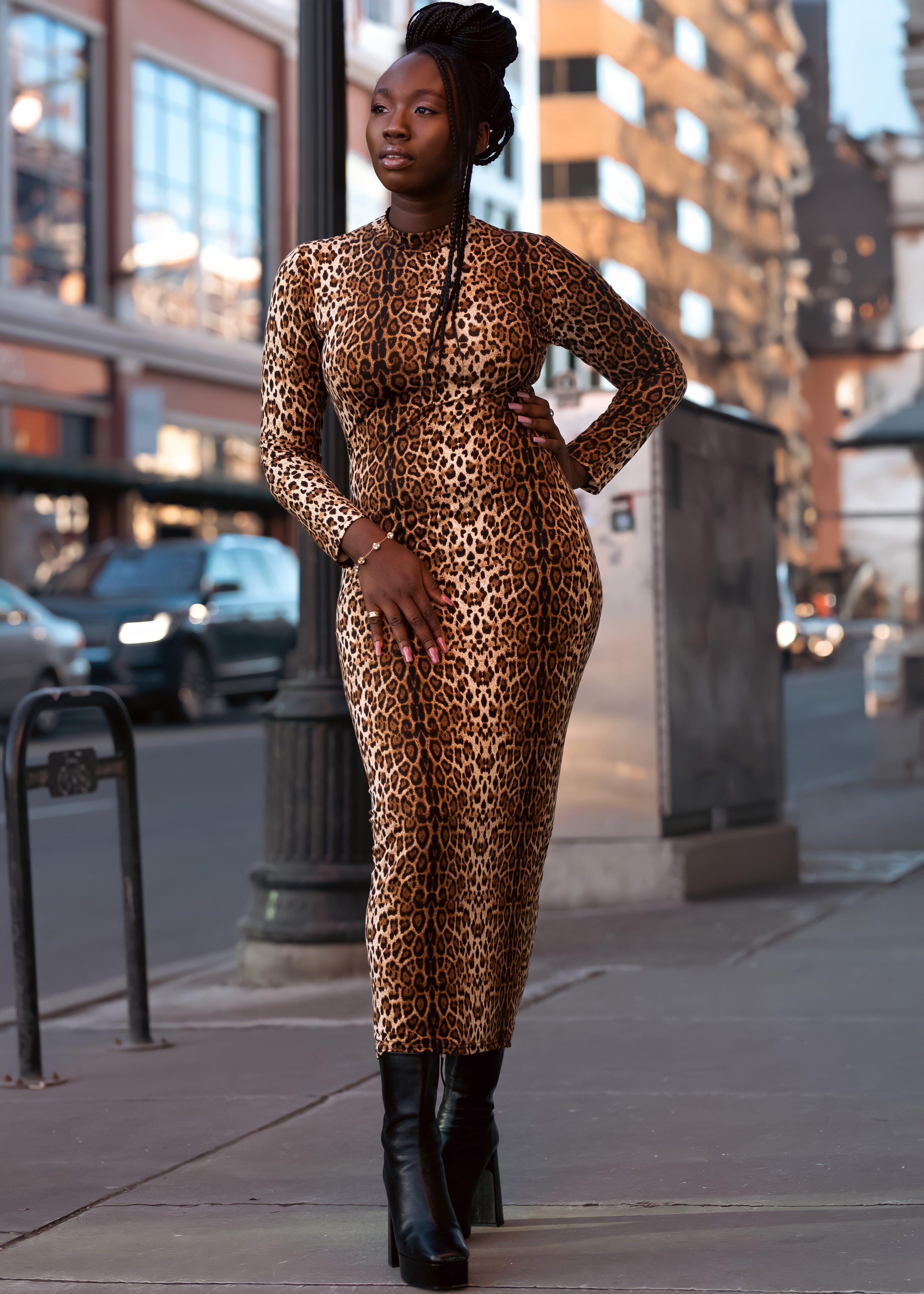 Leopard Mock Neck Bodycon Dress Dresses Kate Hewko Brown XS 