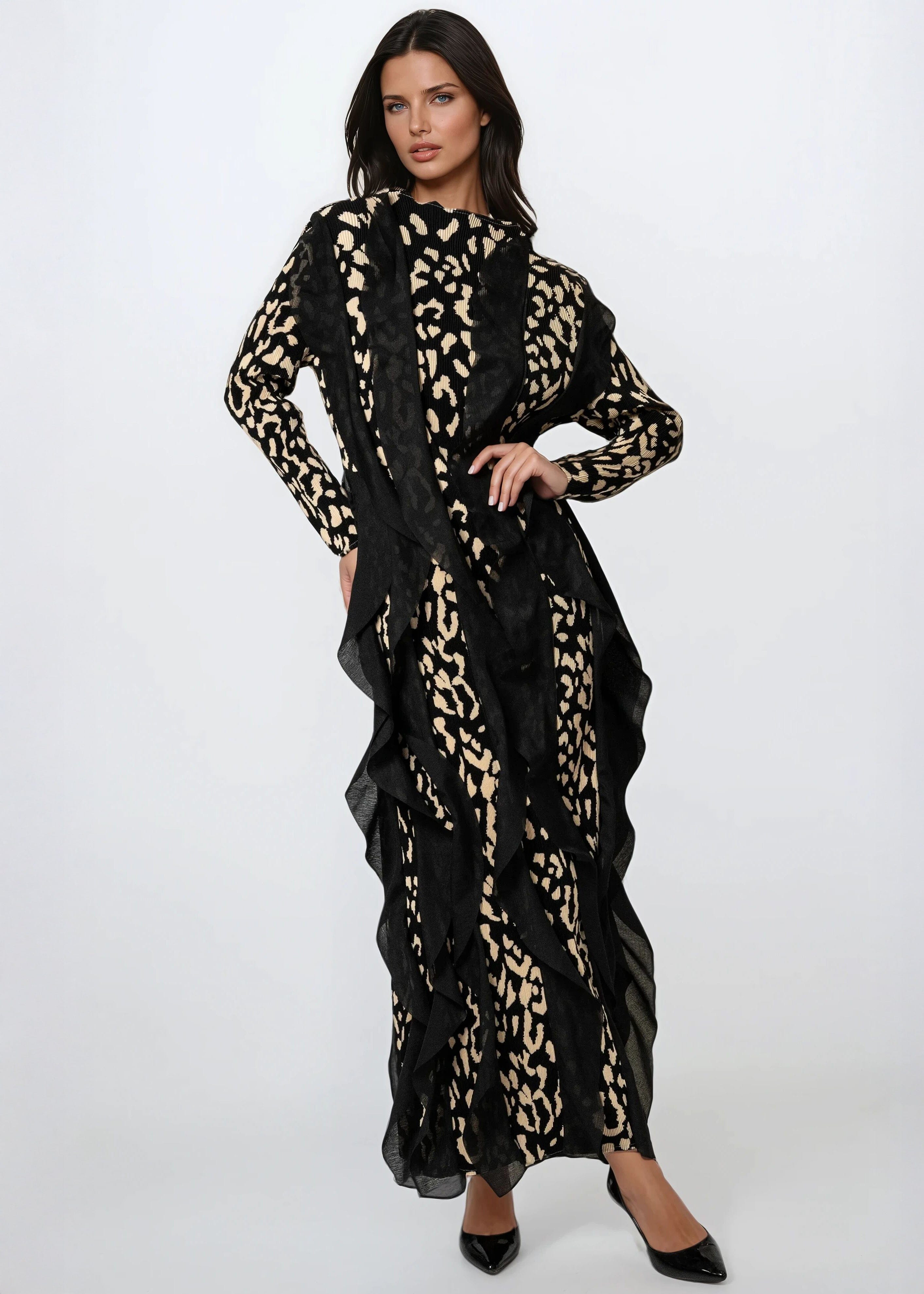 Leopard Print Ruffle Maxi Dress - Kate Hewko Black / One size Leopard Print Ruffle Maxi Dress - Kate Hewko Black / One size