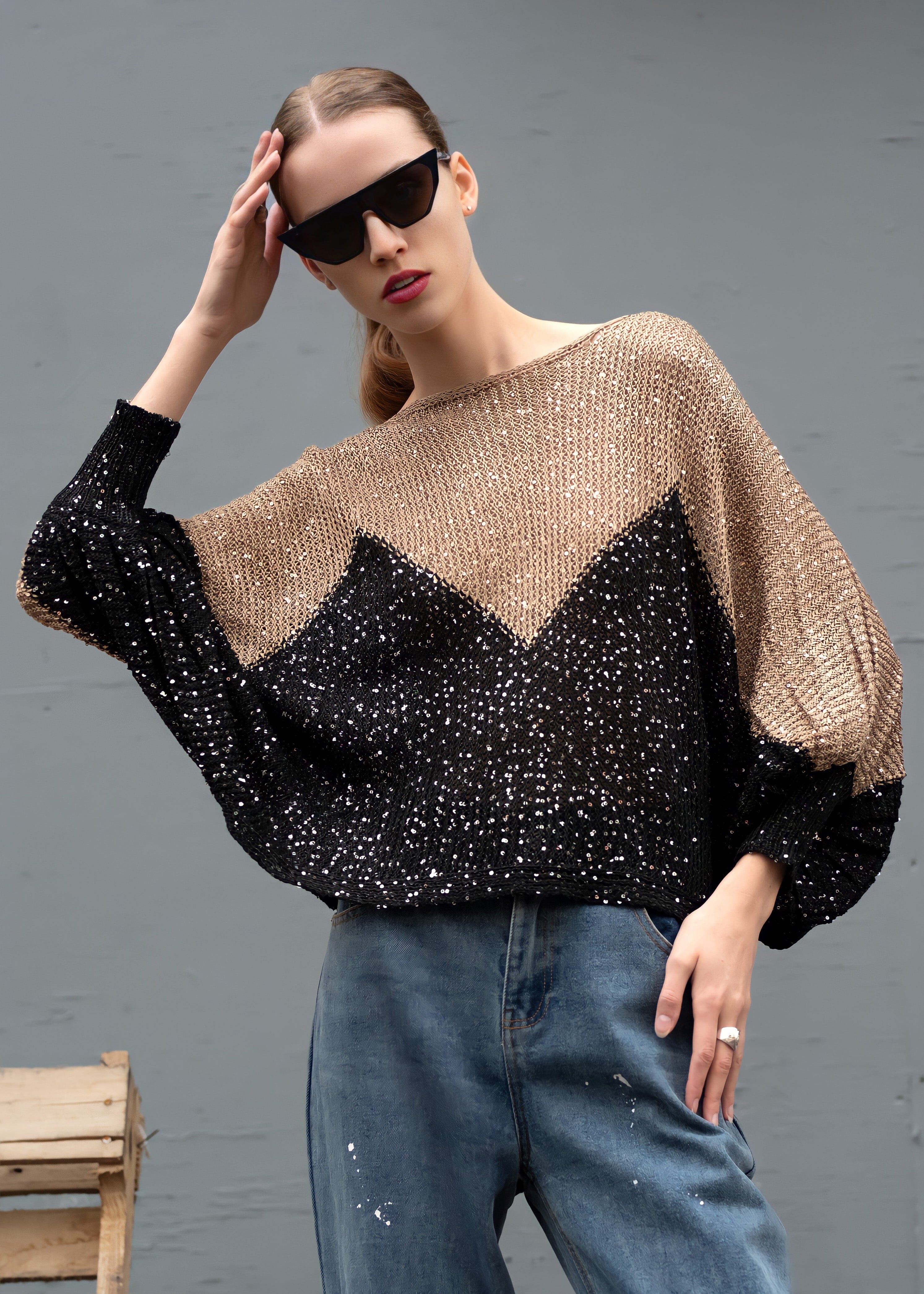 Lightweight Sequin Batwing Sweater Sweaters Kate Hewko Brown One Size 