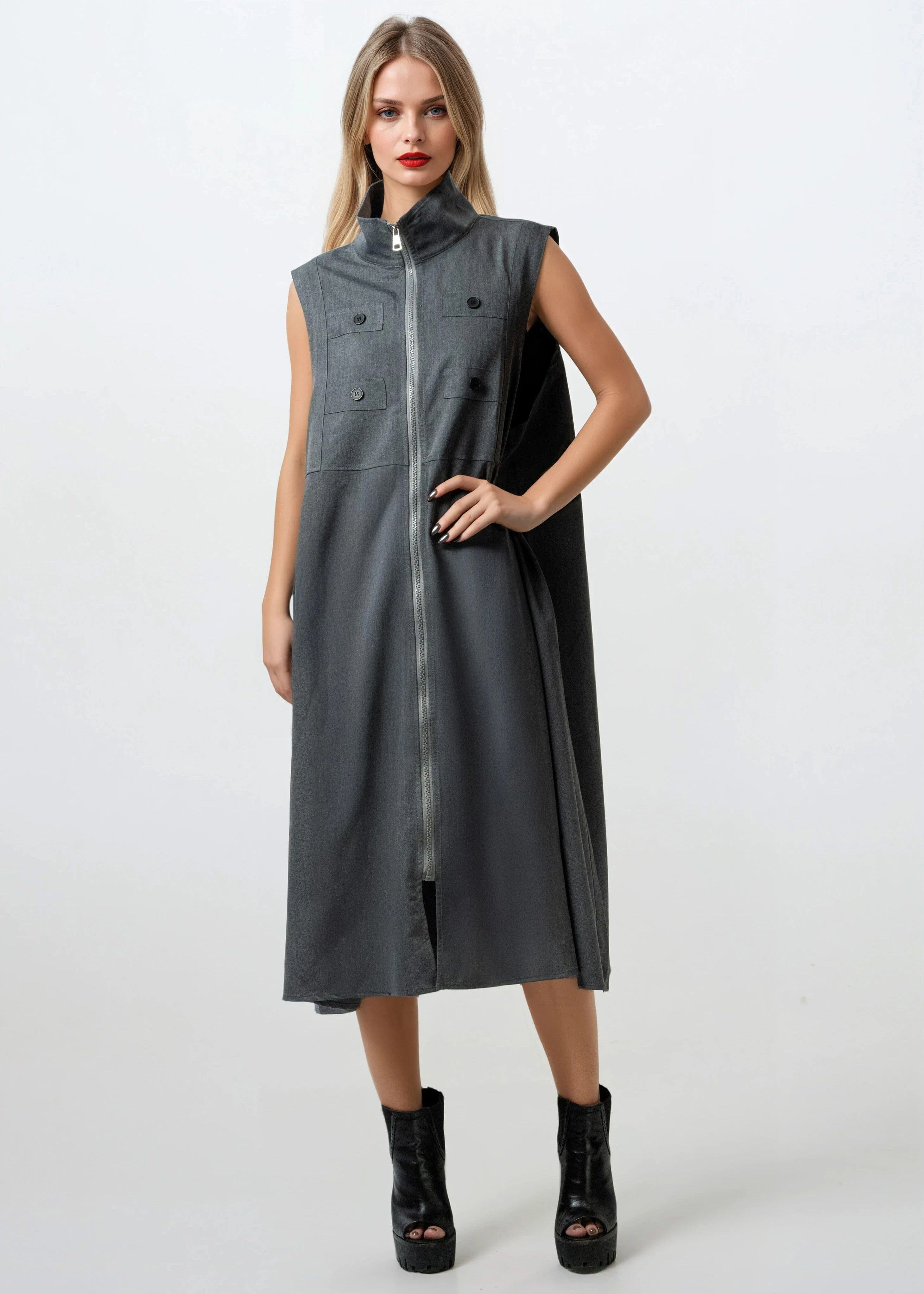 Long Mock Neck Utility Vest - Kate Hewko Gray / One size Long Mock Neck Utility Vest - Kate Hewko Gray / One size