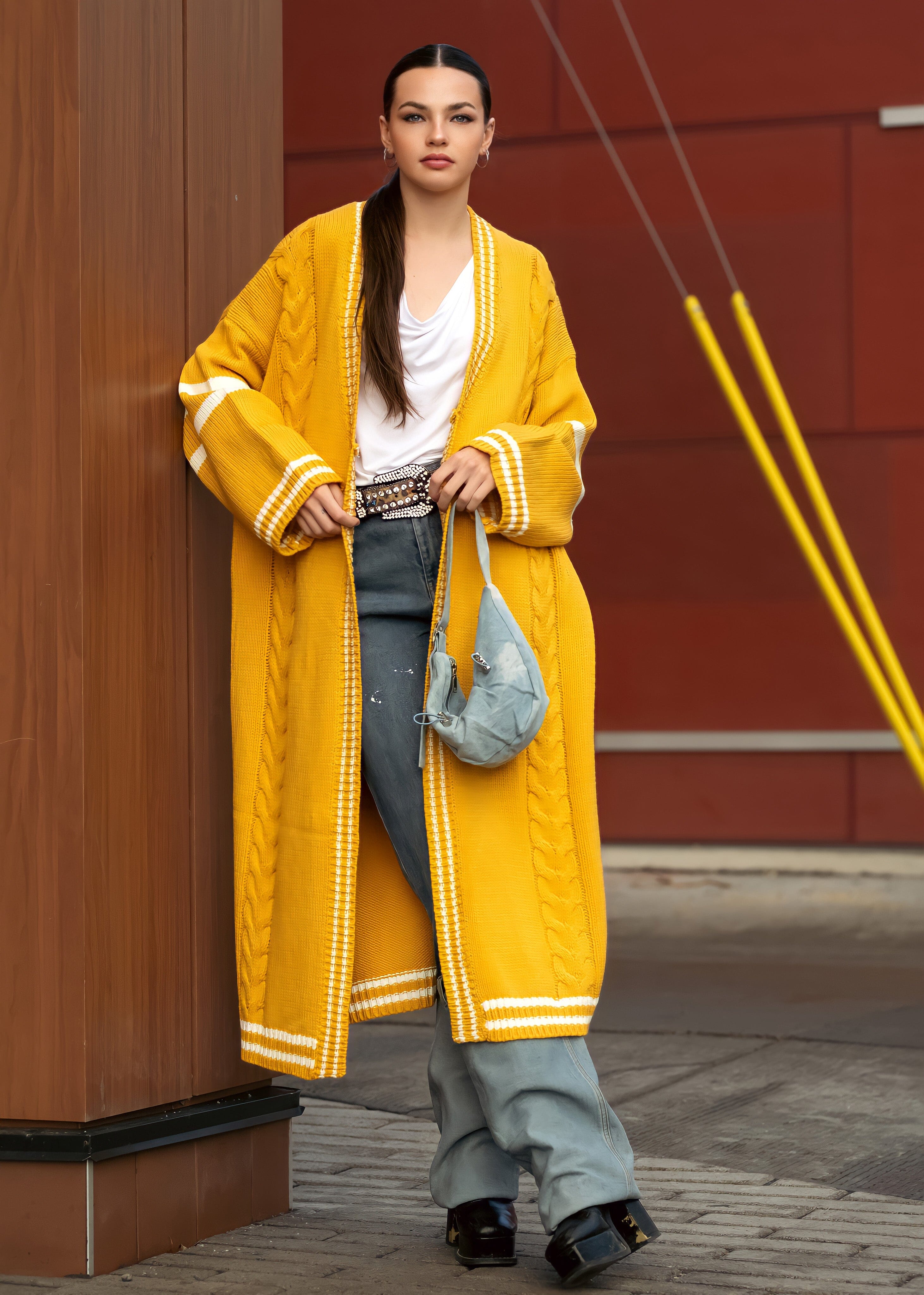 Long Varsity Knit Cardigan Cardigans Kate Hewko Yellow One Size 