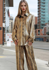 Metallic Croc Button Up Pant Set Two Piece Sets Kate Hewko Gold One size 