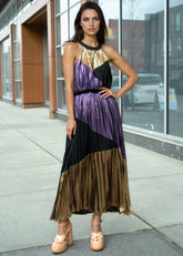 Metallic Pleated Colorblock Halter Dress Dresses Kate Hewko 