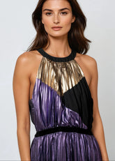 Metallic Pleated Colorblock Halter Dress Dresses Kate Hewko 