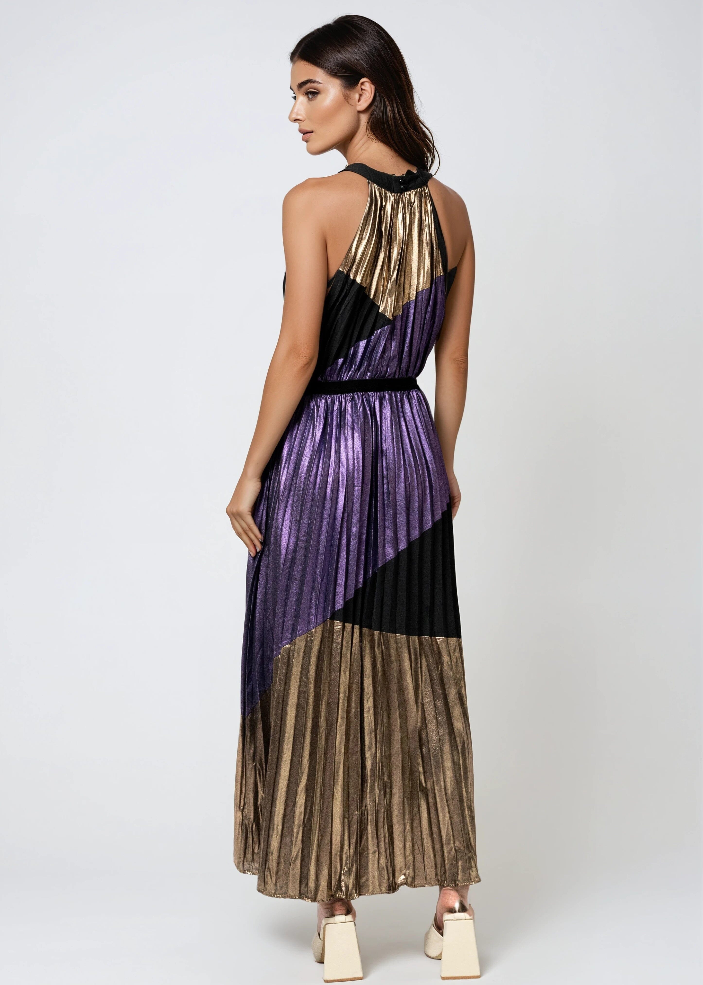 Metallic Pleated Colorblock Halter Dress