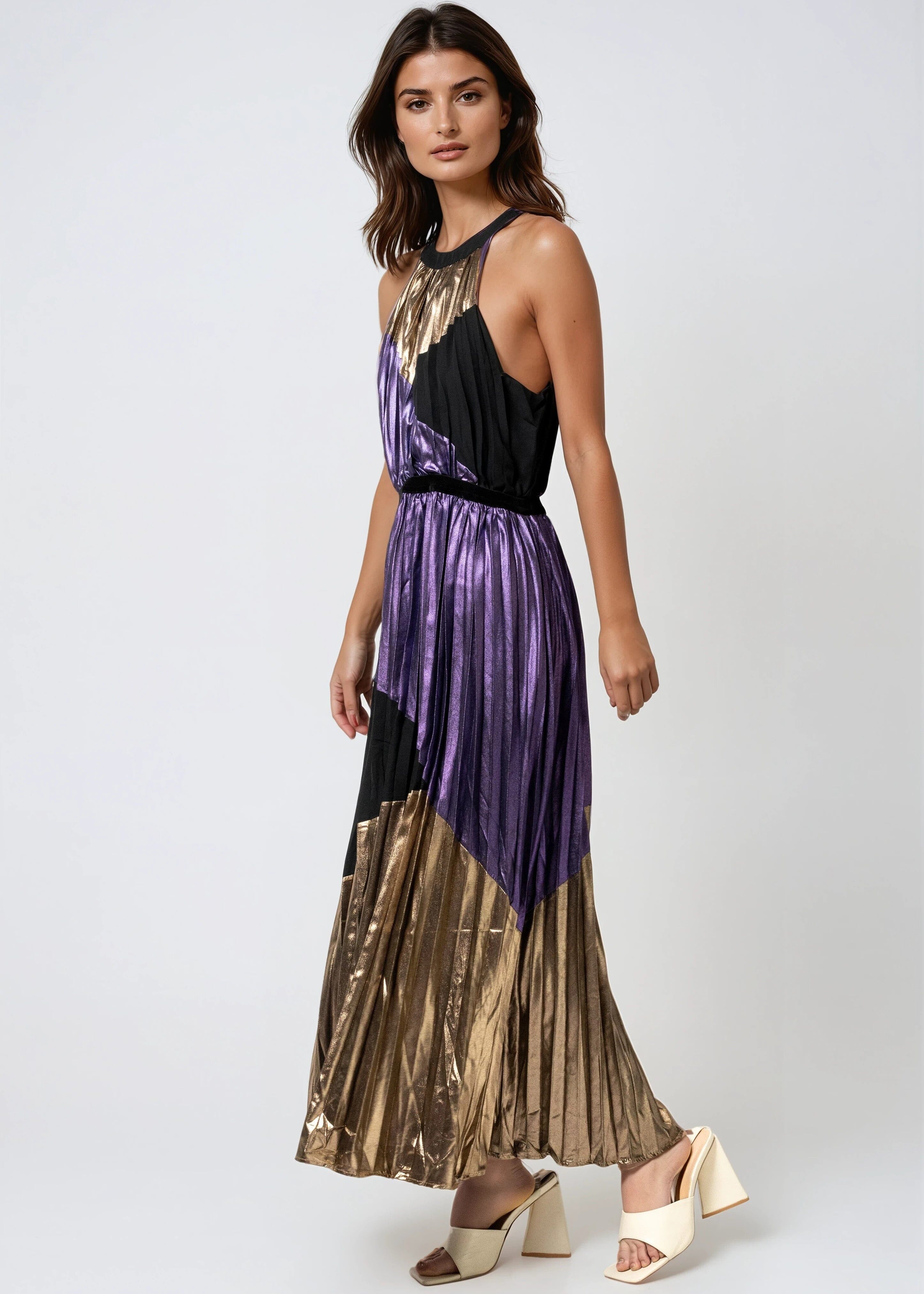 pleated color block dress NYLAND Kamari Color Block Pleated Cami Midi Dress Multi / L
