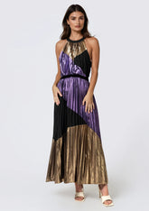 Metallic Pleated Colorblock Halter Dress Dresses Kate Hewko 